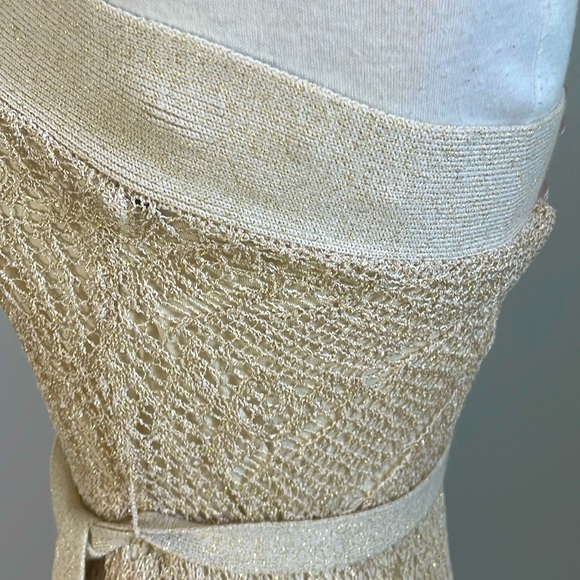 NWOT  bebe Metallic Gold Mini Crochet-Knit Halter A-Line Belted Dress, Size M - Picture 8 of 16